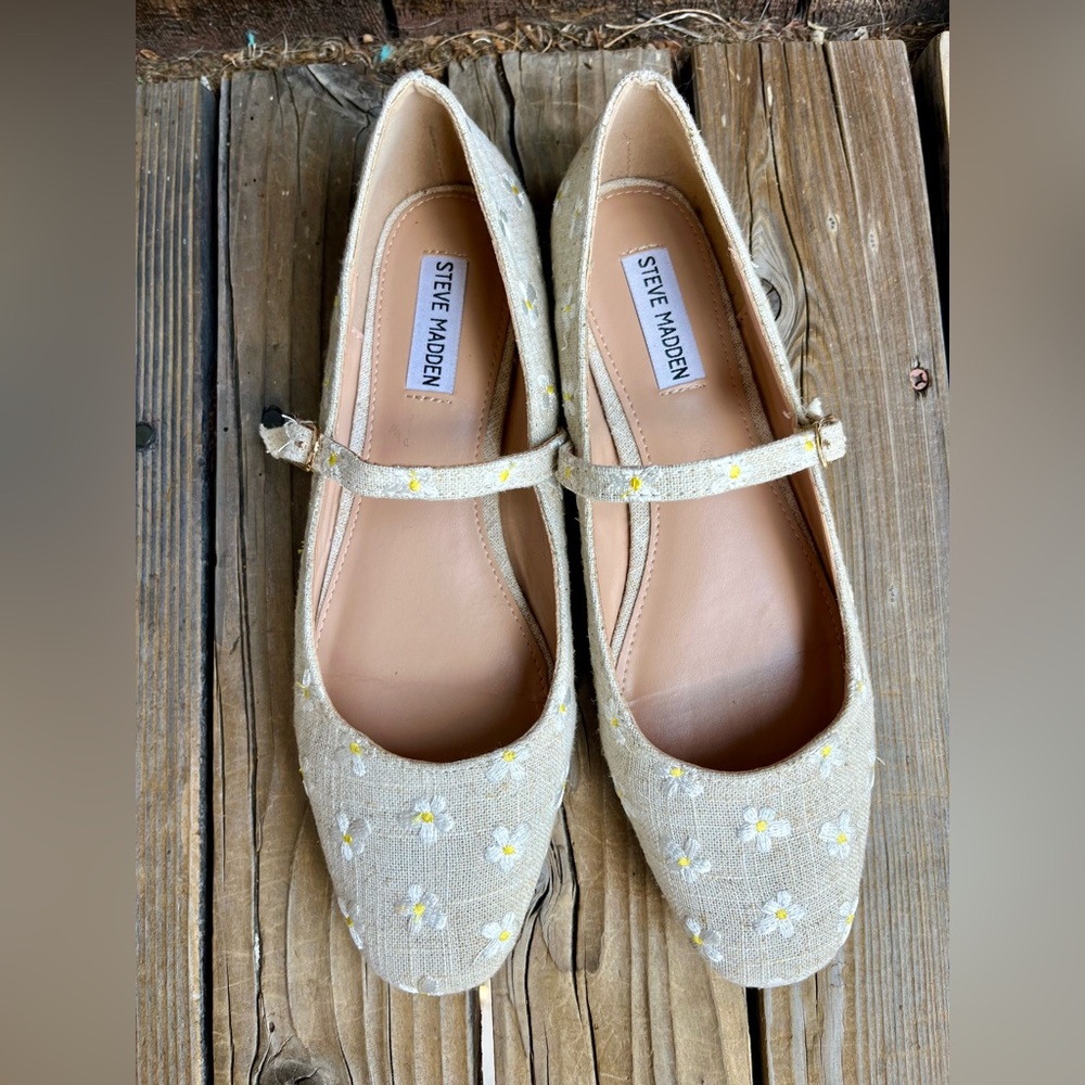 SALE! Steve Madden Daisy Embroidered Cloth Mary Jane Ballet Flats 10
